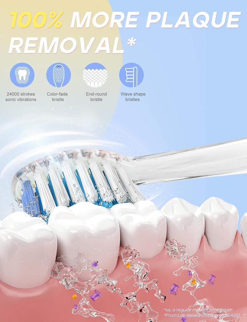 Seago فرشاة أسنان كهربائية للأطفال مع مؤقت تنظيف لمدة 2 دقيقة و 8 رؤوس فرشاة بديلة، ضوء LED قوس قزح يجعل التنظيف ممتعًا، فرشاة أسنان تعمل بالبطارية للأطفال من 4-12 سنة باللون الأزرق - Image 4